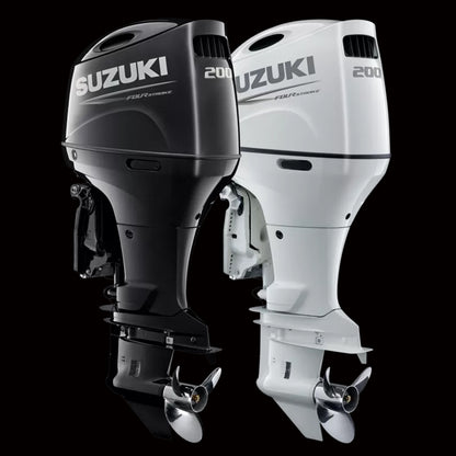 Suzuki DF200APX L/XL 200HP 4-stroke outboard engine with digital controls and Lean Burn Technology, available in 20" and 25" shaft options at Warren Hay Marine, Whangārei.
