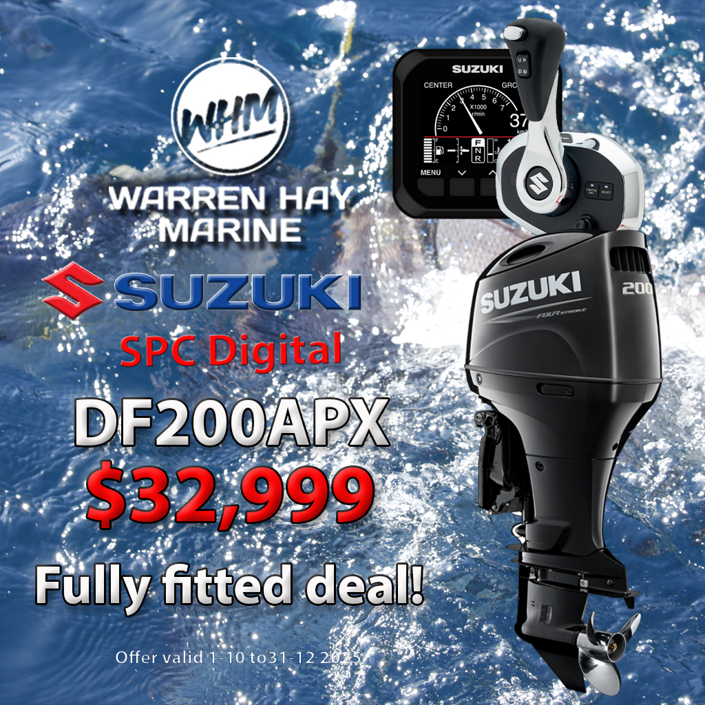 Suzuki DF200APX Fully Fitted Deal – 200hp four-stroke outboard motor with Suzuki Precision Control, professionally installed, includes 7-year warranty and finance options.