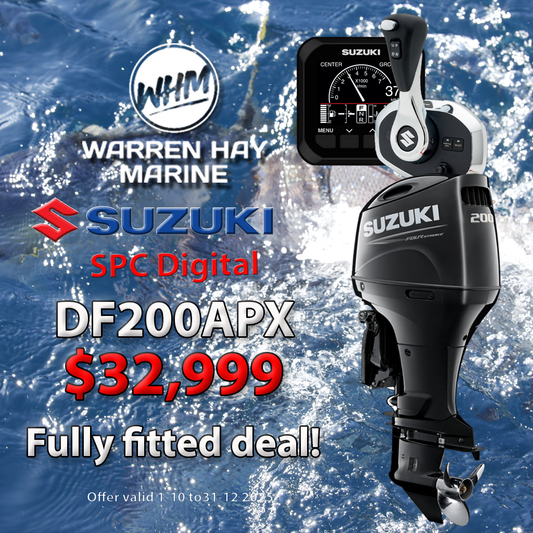 Suzuki DF200APX Fully Fitted Deal – 200hp four-stroke outboard motor with Suzuki Precision Control, professionally installed, includes 7-year warranty and finance options.