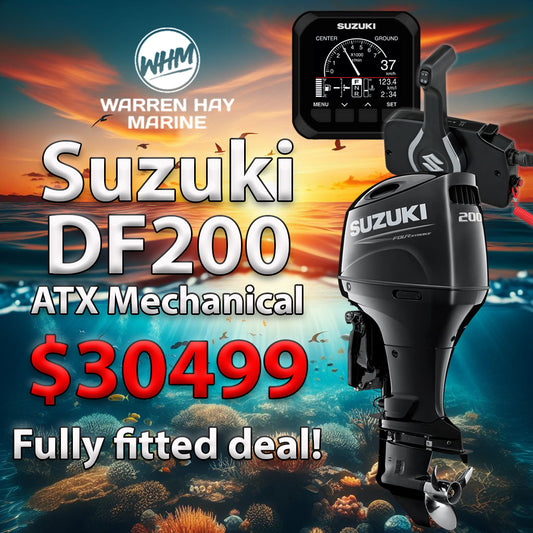 Suzuki DF200ATX 4-cylinder 200hp outboard fully fitted at Warren Hay Marine Whangarei with UDC finance options