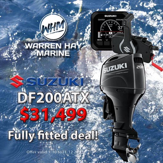 Suzuki DF200ATX Fully Fitted Deal – 200hp four-stroke outboard motor with advanced technology, professionally installed, includes 7-year warranty and finance options.