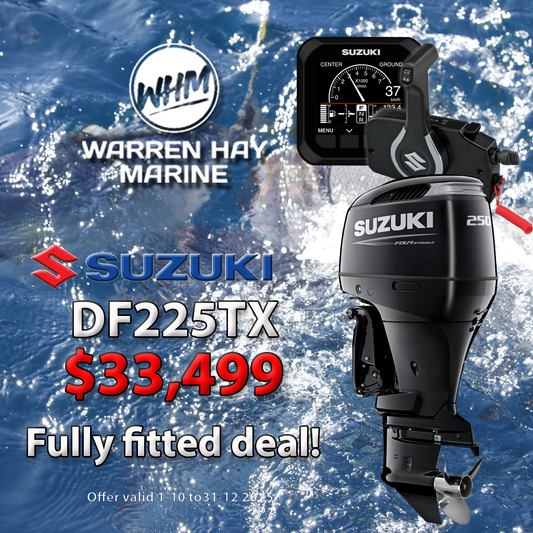 Suzuki DF225TX Fully Fitted Deal – 225hp four-stroke outboard motor with advanced technology, professionally installed, includes 7-year warranty and finance options.