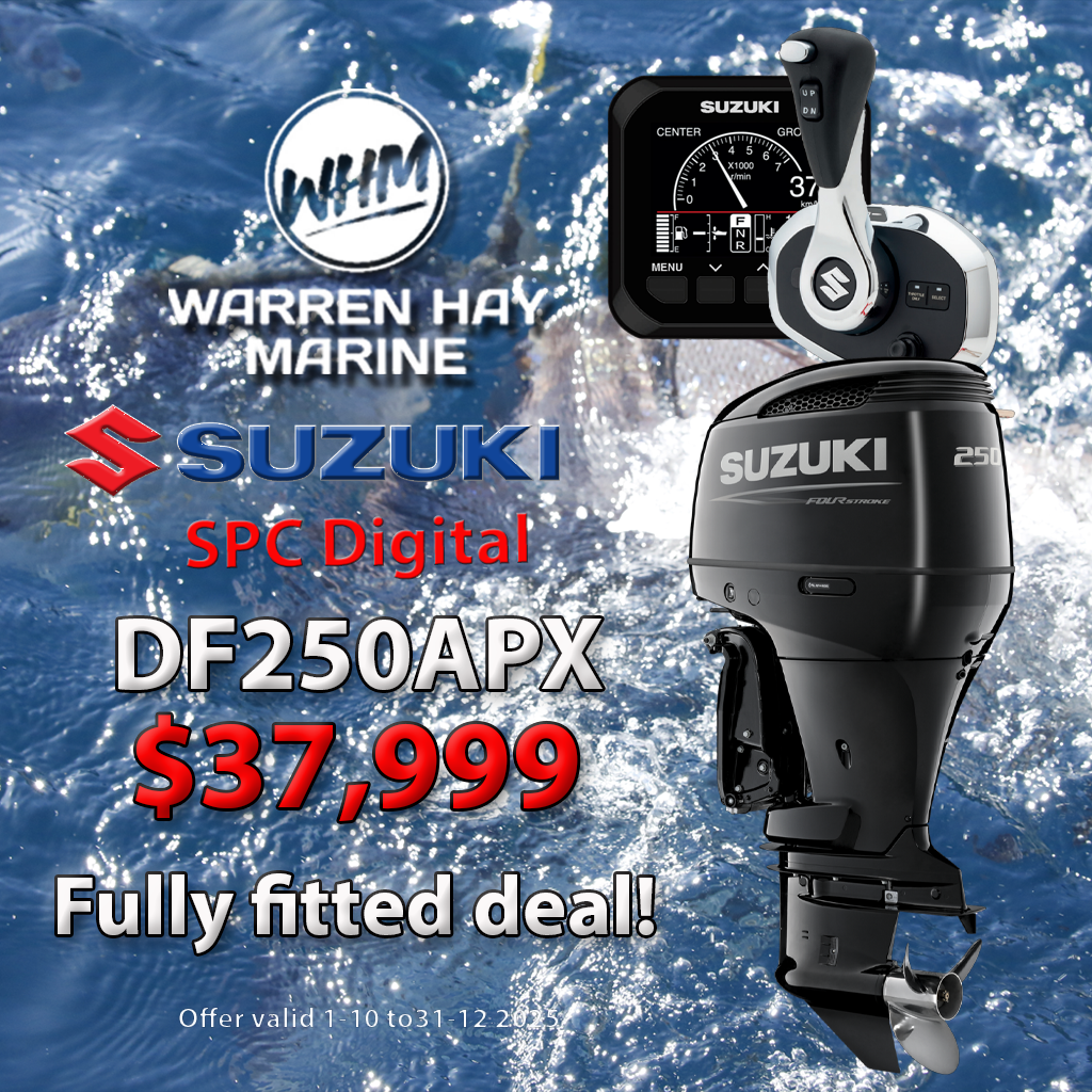 Suzuki DF250APX Fully Fitted Deal – 250hp four-stroke outboard motor with Suzuki Precision Control, professionally installed, includes 7-year warranty and finance options.