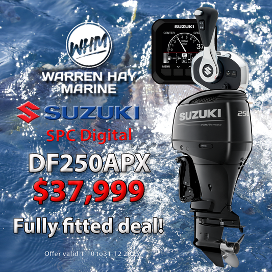 Suzuki DF250APX Fully Fitted Deal – 250hp four-stroke outboard motor with Suzuki Precision Control, professionally installed, includes 7-year warranty and finance options.
