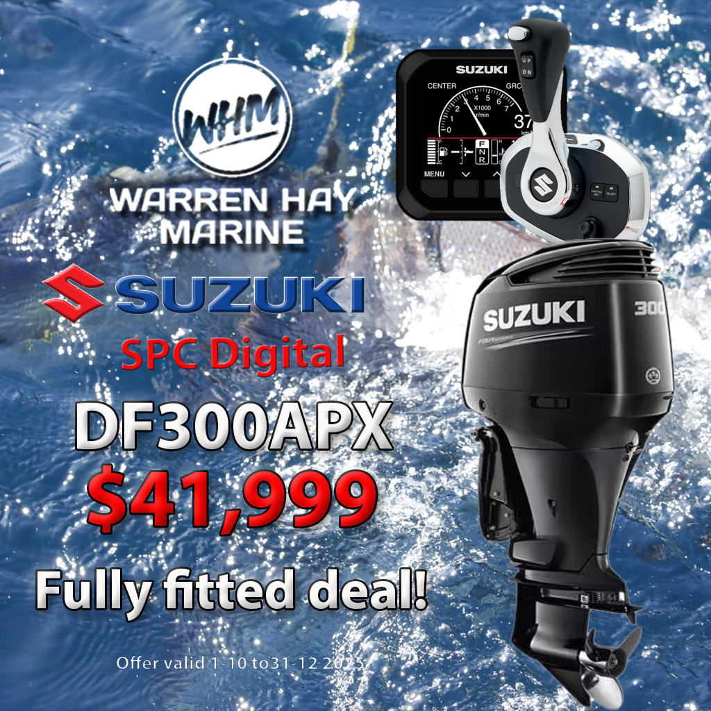Suzuki DF300APX Fully Fitted Deal – 300hp four-stroke outboard motor with Suzuki Precision Control, professionally installed, includes 7-year warranty and finance options.