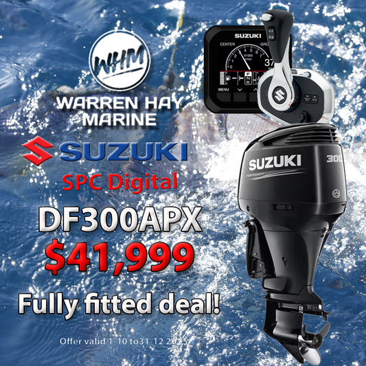 Suzuki DF300APX Fully Fitted Deal – 300hp four-stroke outboard motor with Suzuki Precision Control, professionally installed, includes 7-year warranty and finance options.