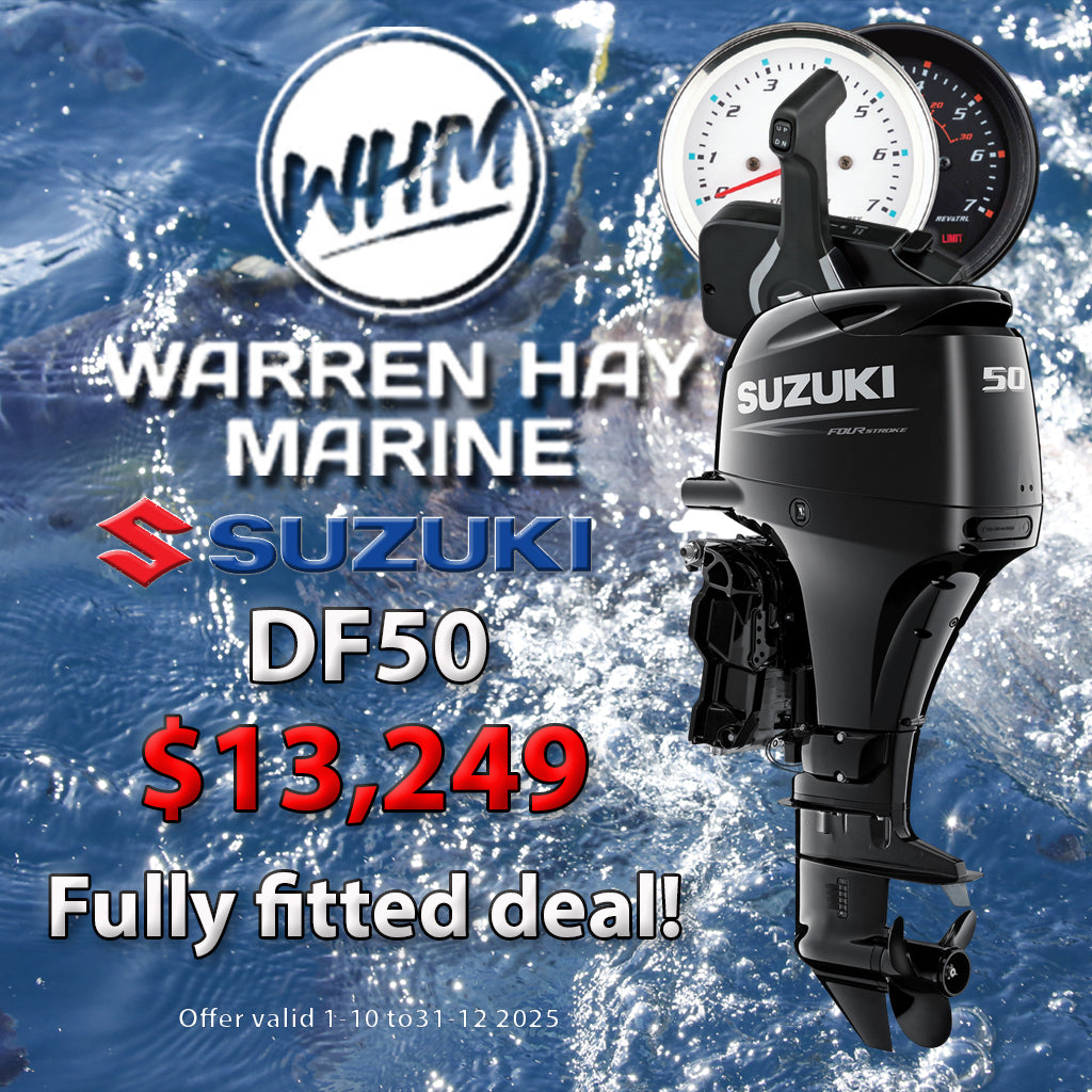 Suzuki DF50 outboard, fully fitted deal $13.249 at Wharren Hay Marine, Whangarei 