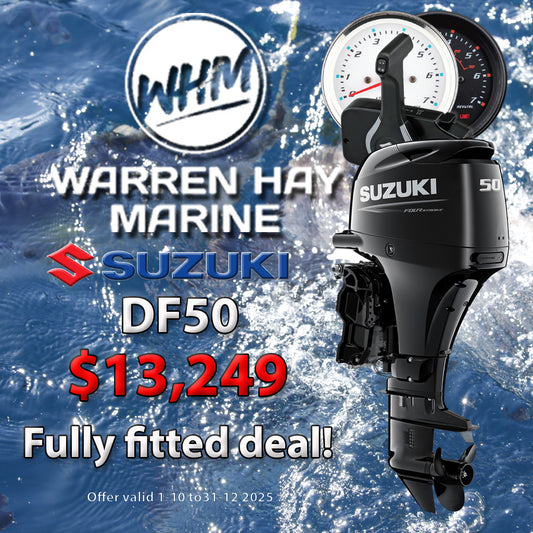 Suzuki DF50 outboard, fully fitted deal $13.249 at Wharren Hay Marine, Whangarei 