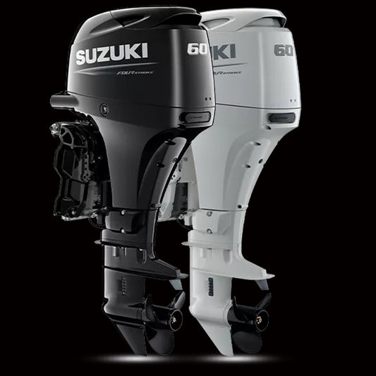Suzuki DF60ATL 60HP 4-stroke outboard motor mounted on a fishing boat in Whangārei coastal waters, shown with branding and power trim features