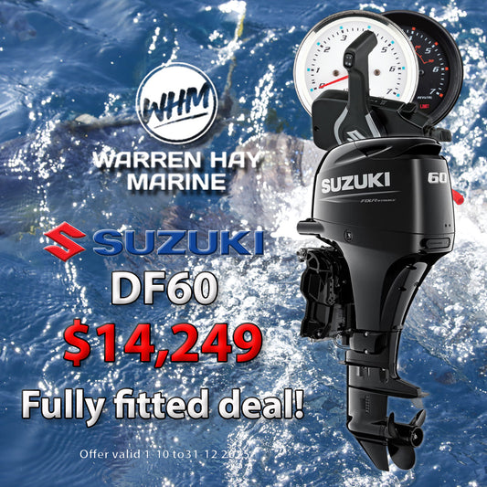 Suzuki DF60 Fully Fitted Deal – 60hp four-stroke outboard motor professionally installed, includes 7-year warranty and finance options available.