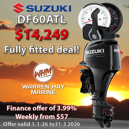 Suzuki df60 fourstroke outboard motor fully fitted to boat with controls, gauge, and propeller installed