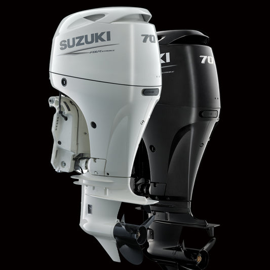 Suzuki DF70ATL 70HP 4-stroke outboard motor with EFI and power trim, mounted on a fishing boat, available at Warren Hay Marine in Whangārei