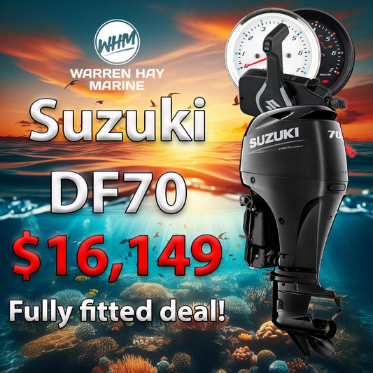 Suzuki DF70 70hp outboard fully fitted at Warren Hay Marine Whangarei – includes UDC finance options