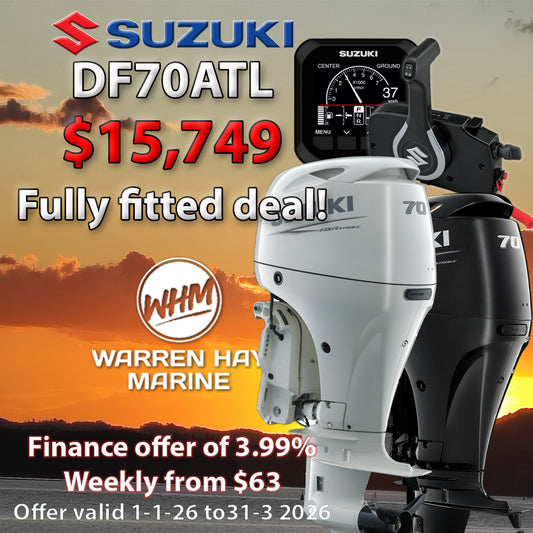 Suzuki DF70 outboard motor fully fitted to boat with controls, gauge, and propeller installed
