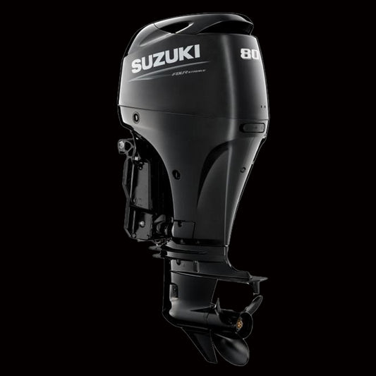 Suzuki DF80ATL 80HP 4-stroke outboard motor with EFI and power trim, mounted on a boat, available at Warren Hay Marine in Whangārei