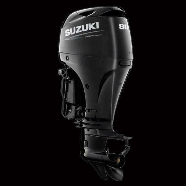 Suzuki DF80ATL 80HP 4-stroke outboard motor with EFI and power trim, mounted on a boat, available at Warren Hay Marine in Whangārei