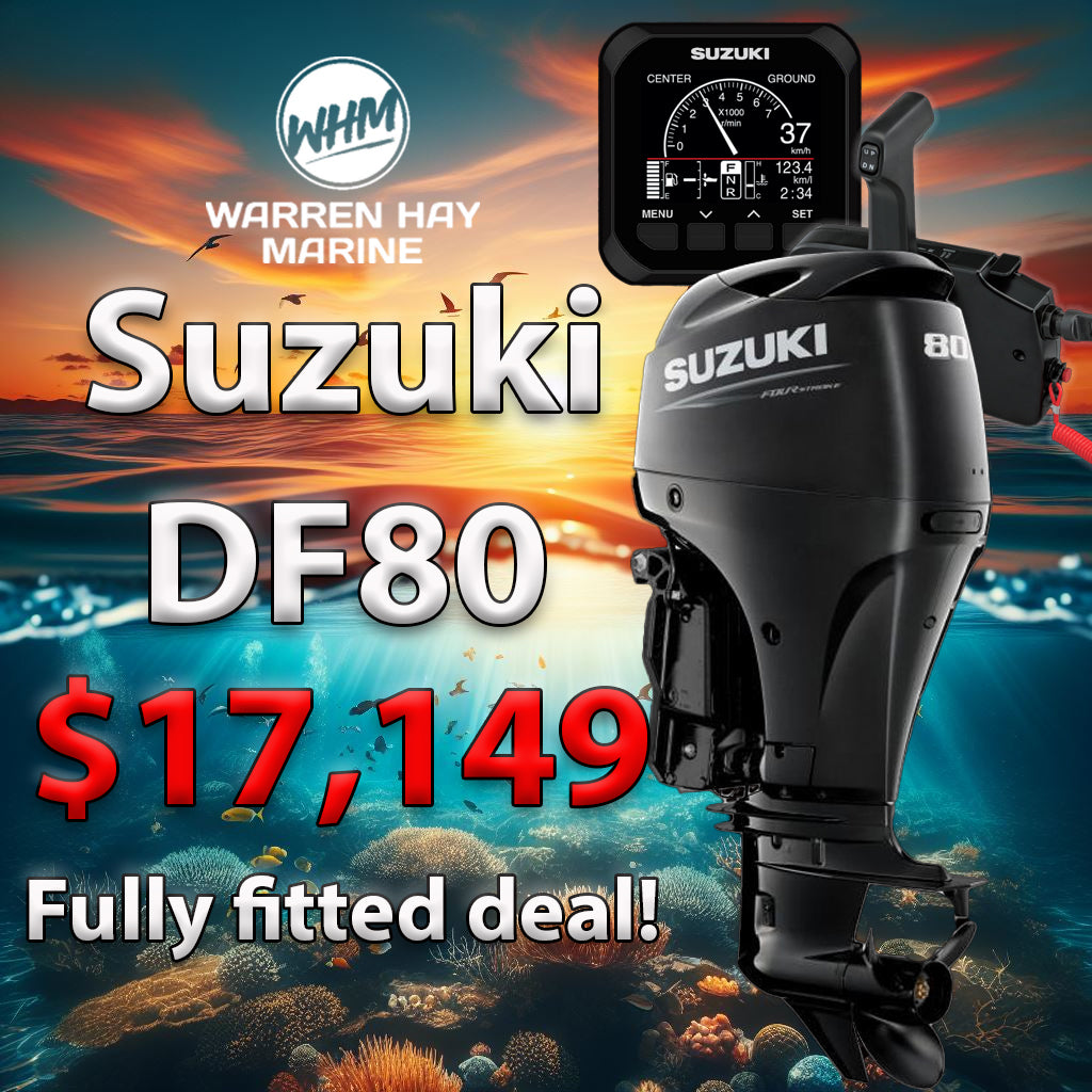 Suzuki DF80 fully fitted 80hp outboard at Warren Hay Marine Whangarei with UDC no-deposit finance offer