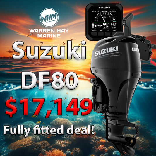 Suzuki DF80 fully fitted 80hp outboard at Warren Hay Marine Whangarei with UDC no-deposit finance offer