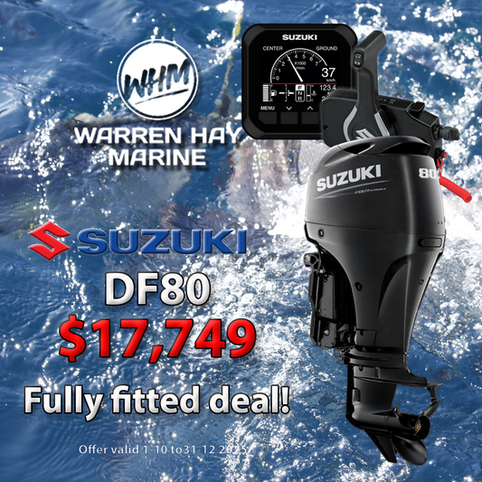 Suzuki DF80 Fully Fitted Deal – 80hp four-stroke outboard motor professionally installed with 7-year warranty and finance options available.