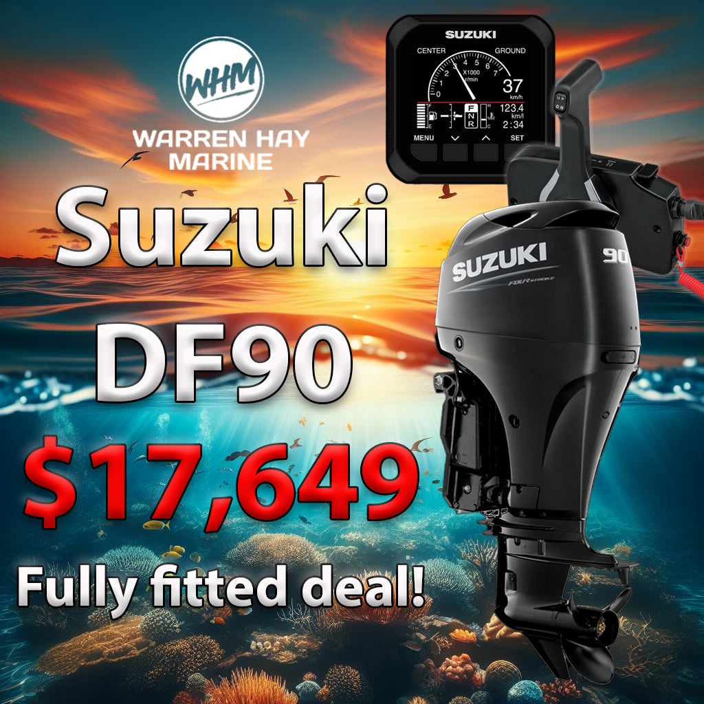 Suzuki DF90 90hp outboard engine fully fitted at Warren Hay Marine Whangarei with UDC finance available