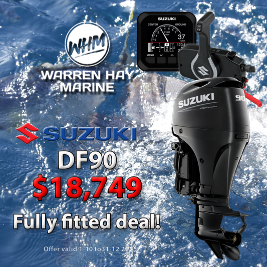 Suzuki DF90 Fully Fitted Deal – 90hp four-stroke outboard motor professionally installed with 7-year warranty and finance options available.