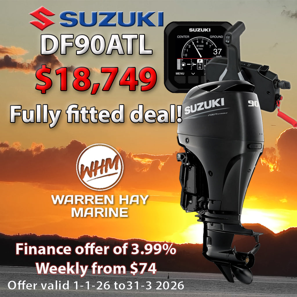 Suzuki DF90 outboard motor fully fitted to boat with controls, gauge, and propeller installed