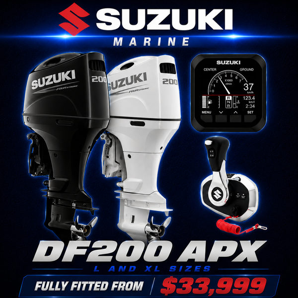Suzuki DF200APX 200HP digital four-stroke outboard with Suzuki Precision Control (fly-by-wire), digital gauge, and remote controls, available in 20" and 25" shaft lengths at Warren Hay Marine, Whangārei, New Zealand.