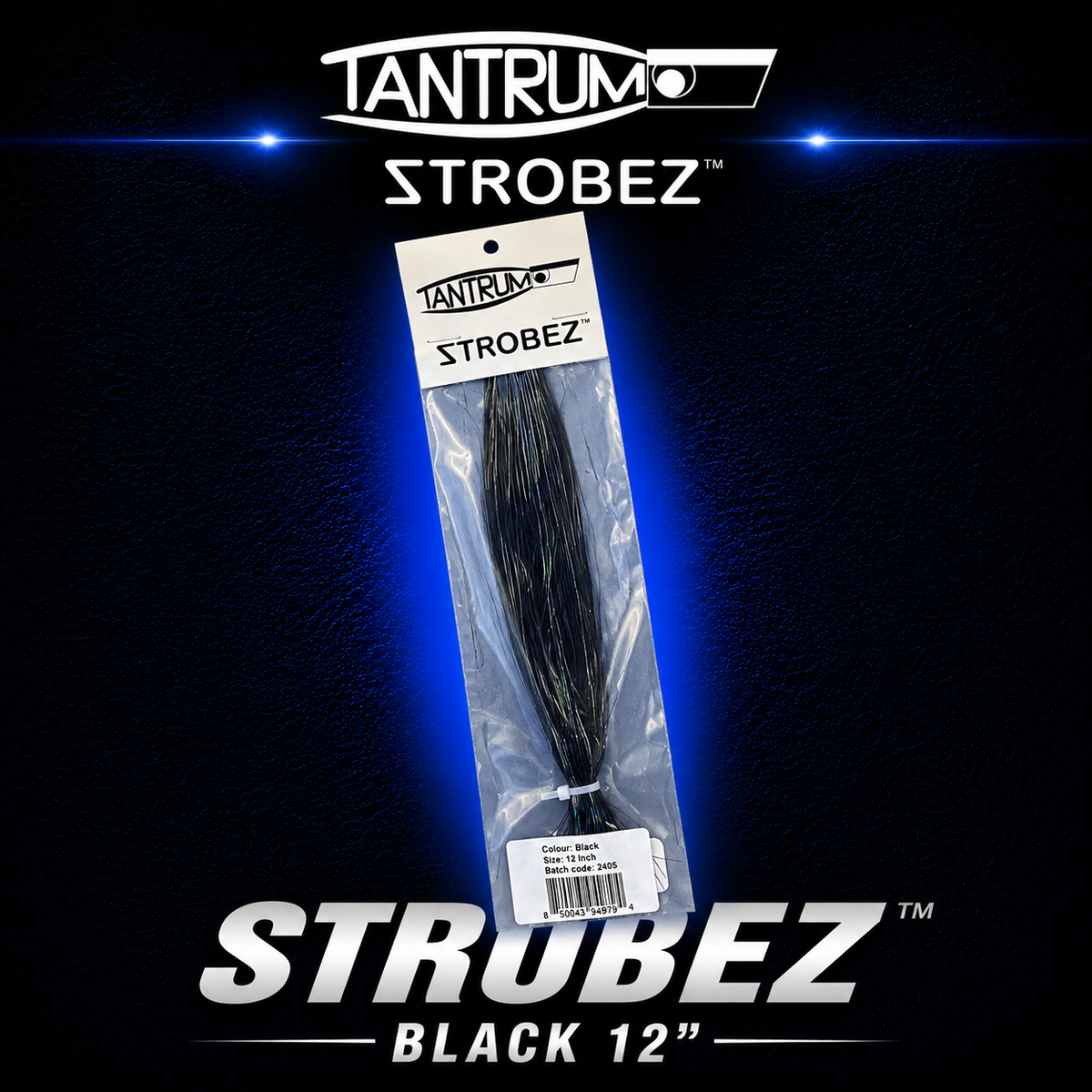 Tantrum Strobez Black 12 inch trolling lure skirt for marlin and game fishing.