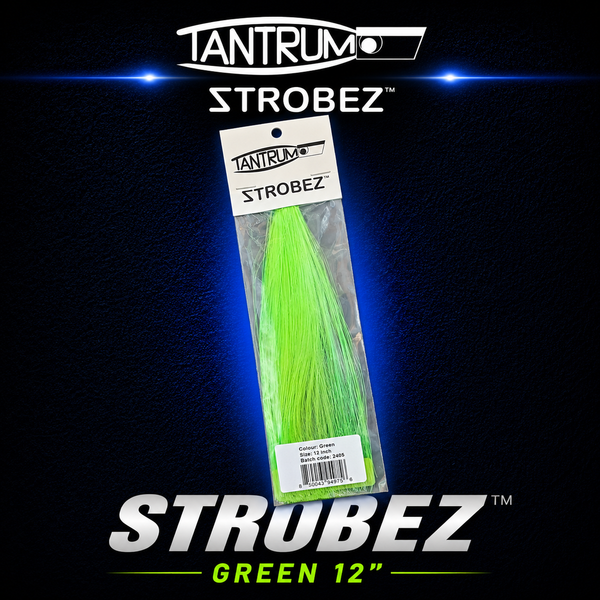 Tantrum Strobez Green 12-inch trolling lure skirt in bright green, designed for offshore game fishing and lure rigging.