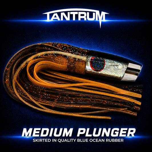 Tantrum Black Medium Plunger Brown over Orange Blue Ocean skirted lure NZ