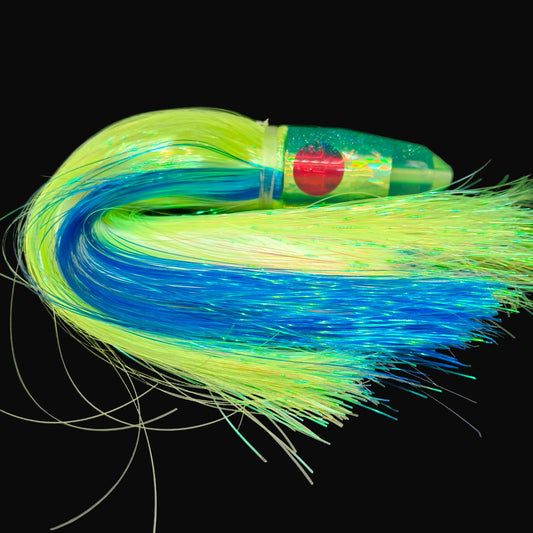 Tantrum Fluoro Medium Bullet game lure skirted in Green over Pearl Strobez 9 inch skirts with blue highlights