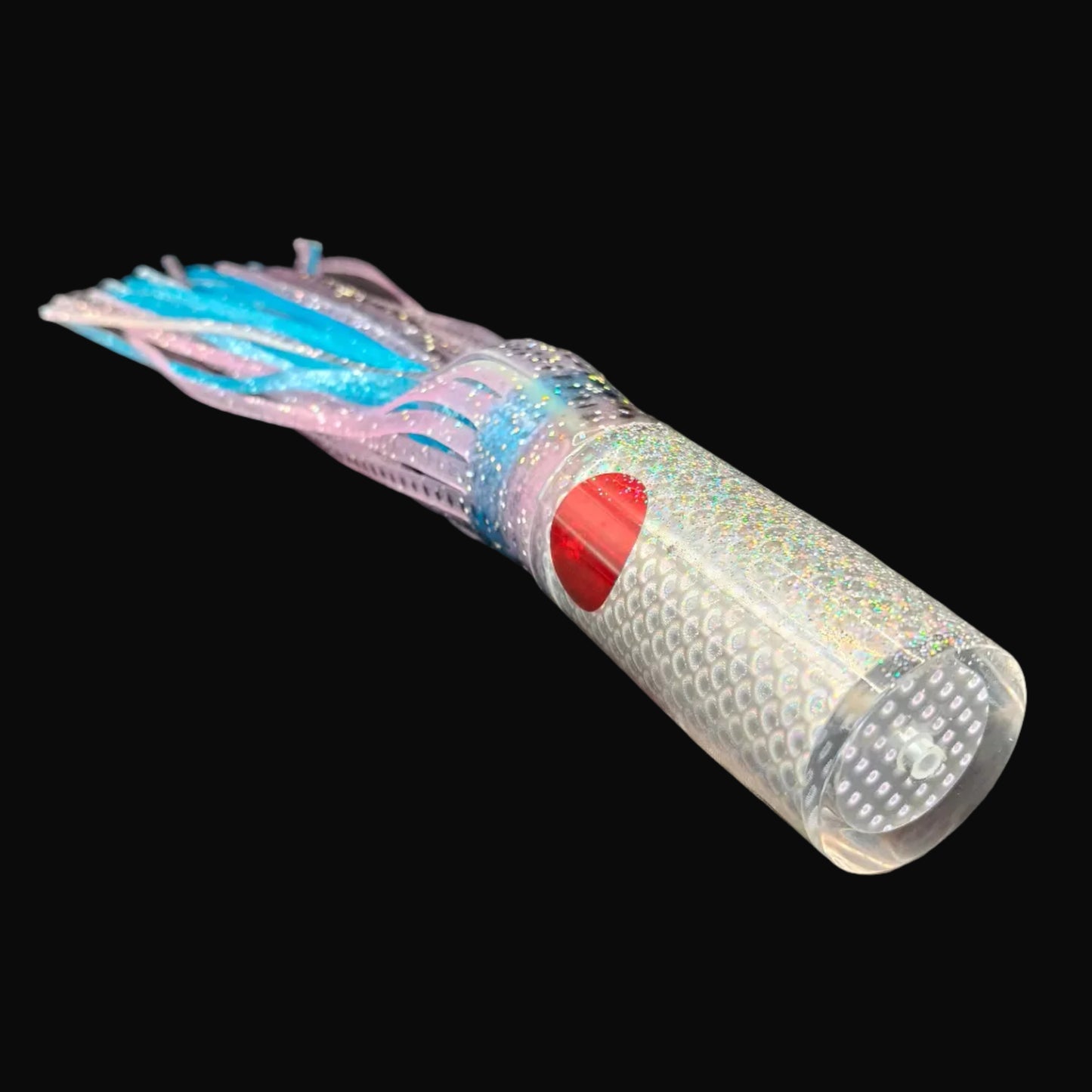 Tantrum Large AMN trolling lure clear head with translucent purple over blue blue ocean rubber skirts, Game fishing lure