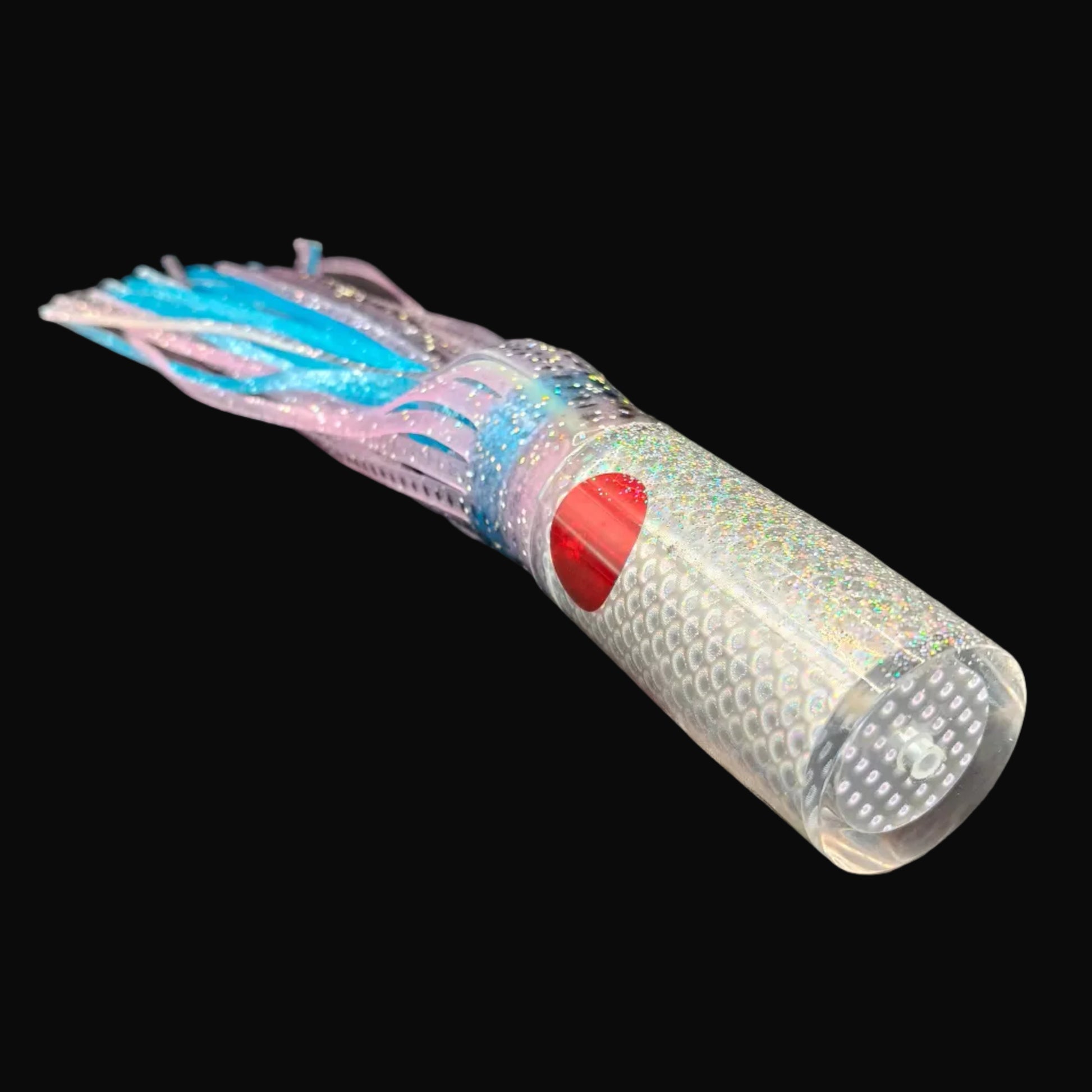 Tantrum Large AMN trolling lure clear head with translucent purple over blue blue ocean rubber skirts, Game fishing lure