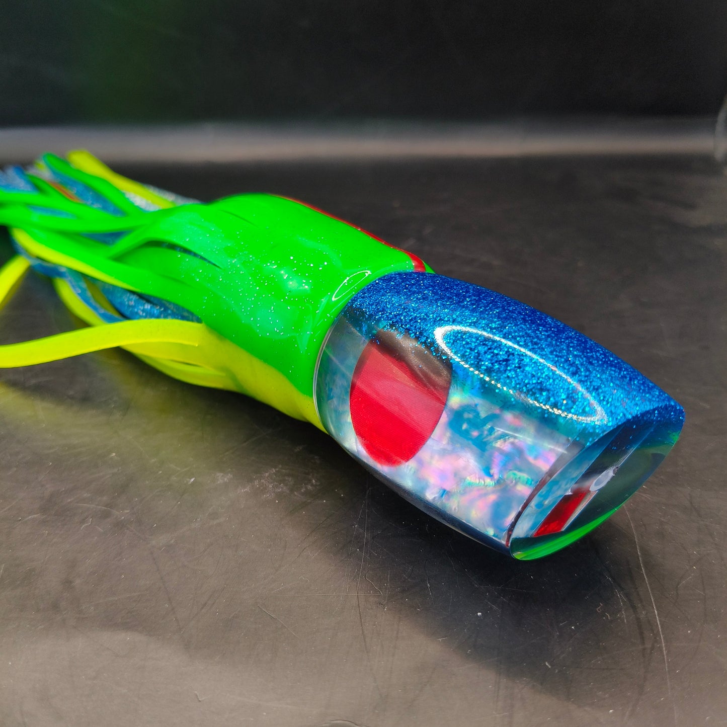 Tantrum Large Bandit game fishing lure light blue head with green yellow over blue Blue Ocean skirts, Game Fishing Lure