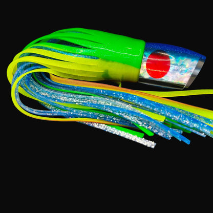 Tantrum Large Bandit game fishing lure light blue head with green yellow over blue Blue Ocean skirts