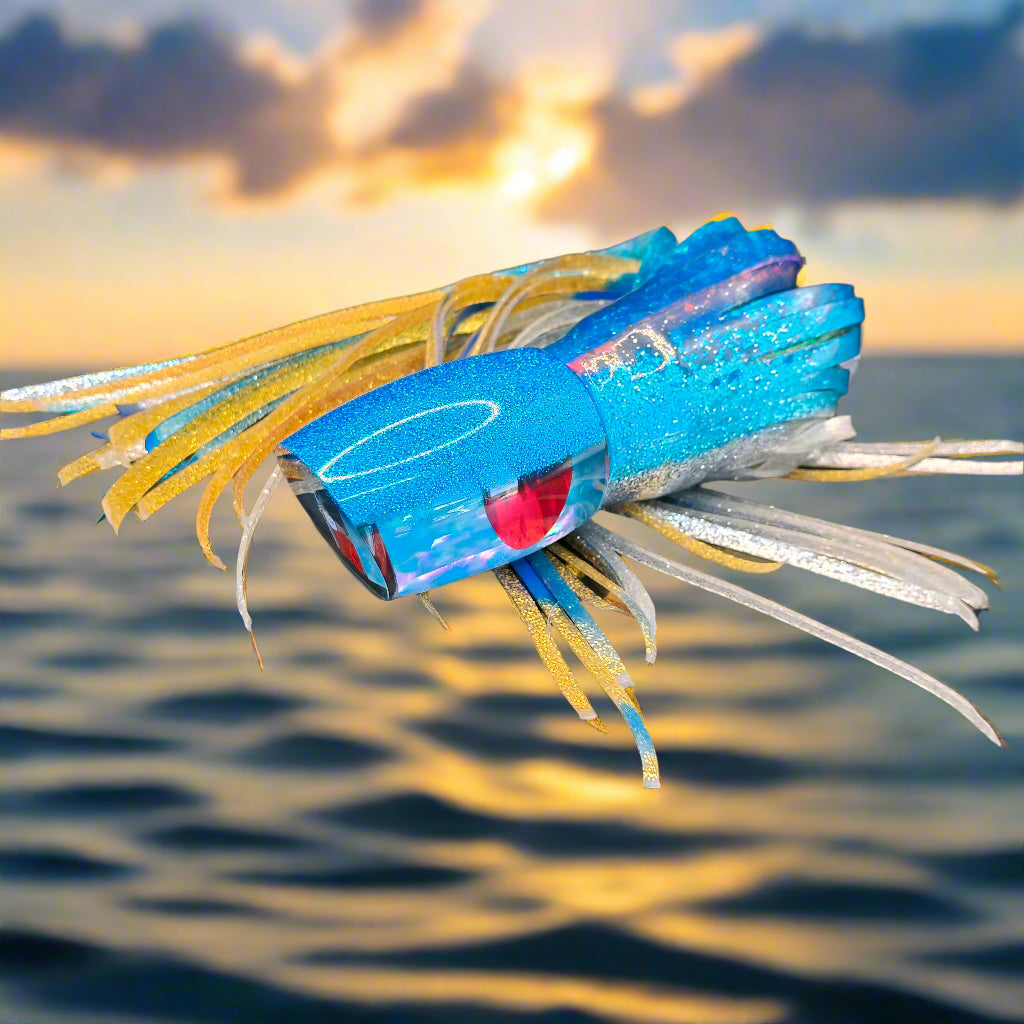 Tantrum Large Bandit LB lure skirted in Blue Ocean Skirts – premium marlin lure available at Warren Hay Marine.
