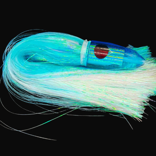 Tantrum 380mm large bullet game fishing lure with light blue head and ice blue pearl Strobez skirts