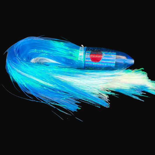 Tantrum Large Bullet lure with dark blue head and royal blue and pearl Strobez skirts, 350mm.