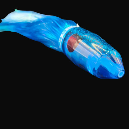 Tantrum Large Bullet lure with dark blue head and royal blue and pearl Strobez skirts, 350mm.