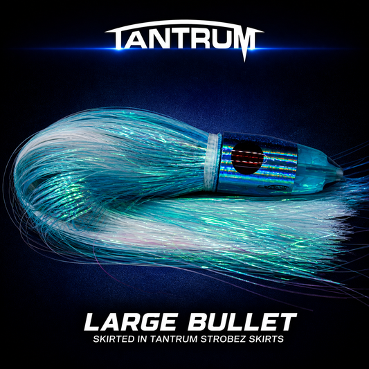 Tantrum LB Large Bullet Ice Blue over Pearl Strobez skirted game lure NZ