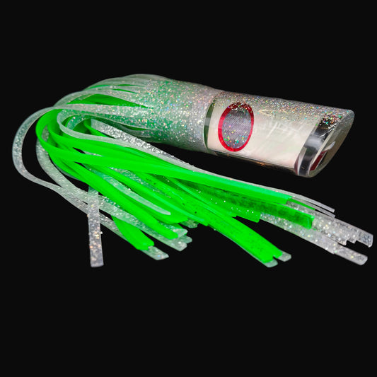Tantrum Large Tube with clear/white head, skirted in white and green-blue ocean rubber skirts. A versatile big game trolling lure for marlin, tuna, and pelagic fishing.