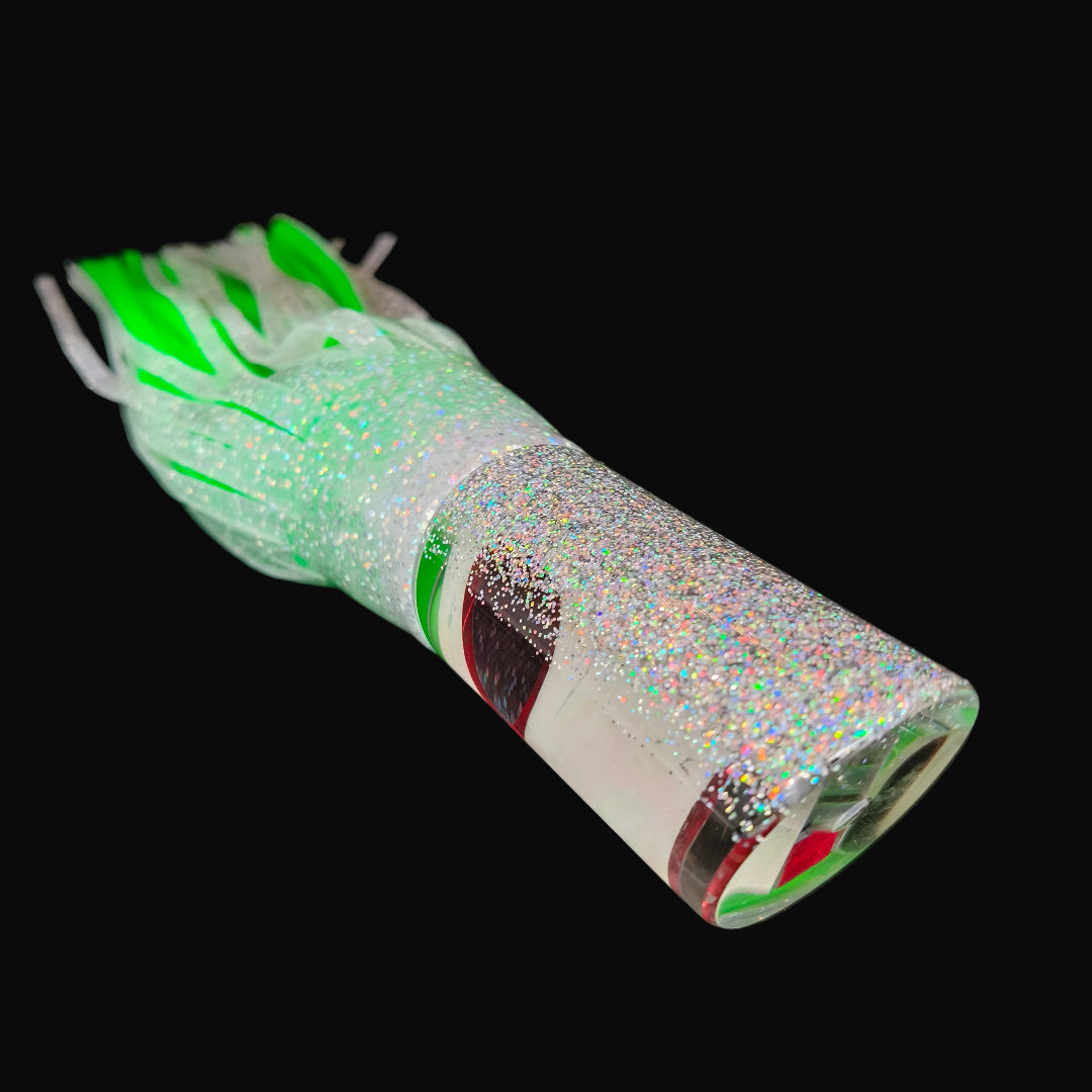 Tantrum Large Tube big game trolling lure with clear/white head and white green-blue ocean rubber skirts
