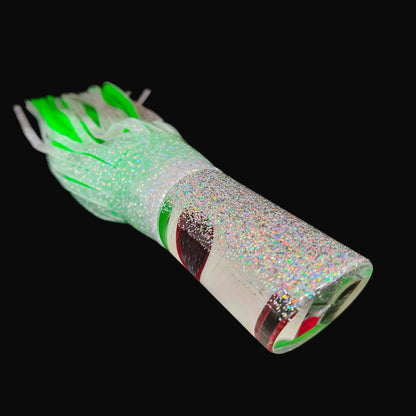 Tantrum Large Tube big game trolling lure with clear/white head and white green-blue ocean rubber skirts