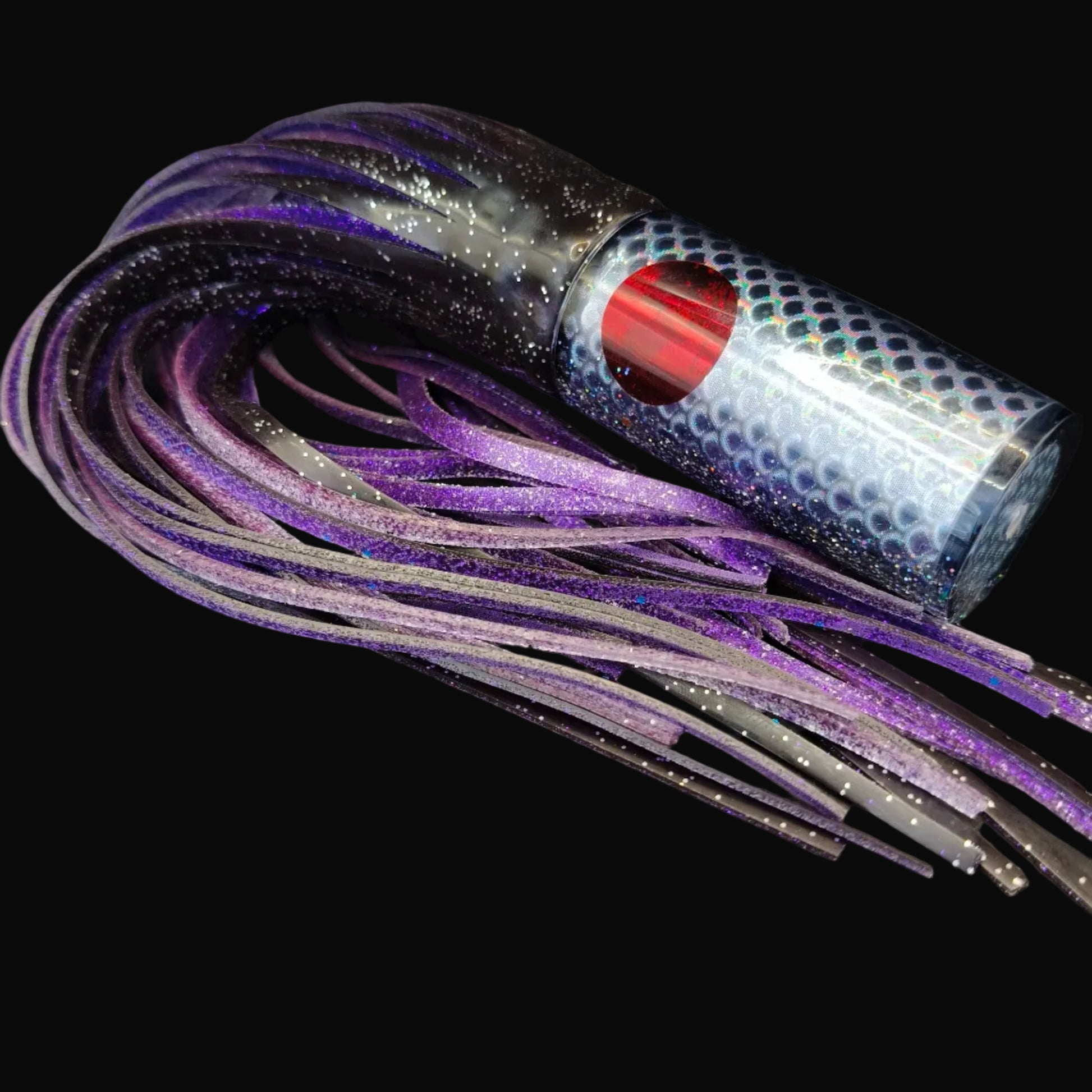Tantrum Medium AMN trolling lure black head with black over purple blue ocean rubber skirts, Game fishing lure
