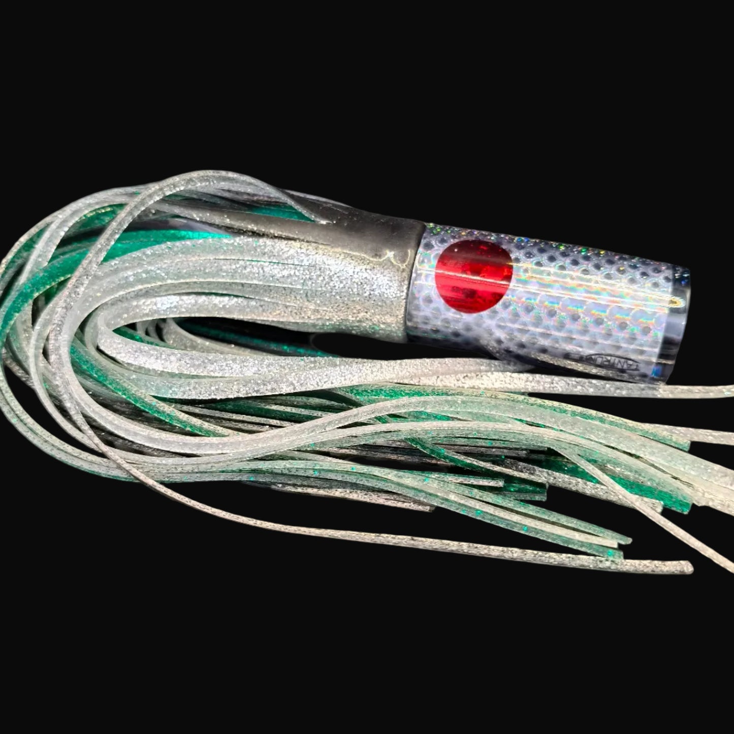 Tantrum Medium AMN trolling lure black head with black silver over green blue ocean rubber skirts, Game Fishing Lure