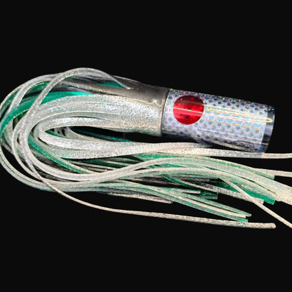 Tantrum Medium AMN trolling lure black head with black silver over green blue ocean rubber skirts, Game Fishing Lure