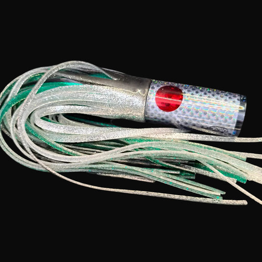 Tantrum Medium AMN trolling lure black head with black silver over green blue ocean rubber skirts, Game Fishing Lure