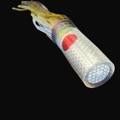 Tantrum Medium AMN clear-head lure skirted in Blue Ocean Mrs Palmer colours, 340mm overall length. Game fishing lure