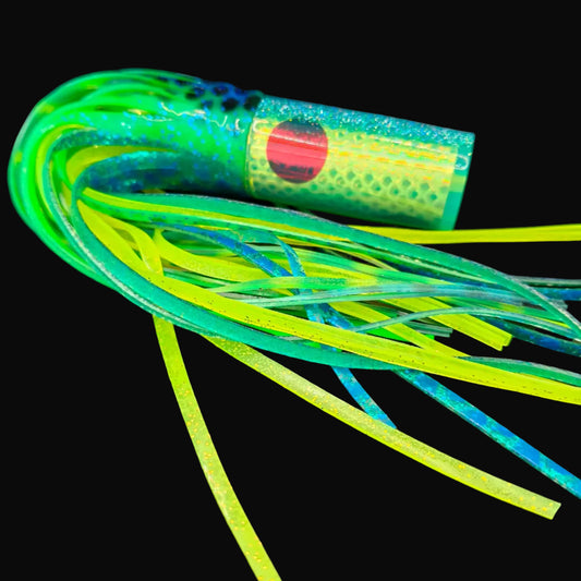 Tantrum Medium AMN trolling lure fluoro head with green blue over lumo blue ocean rubber skirts