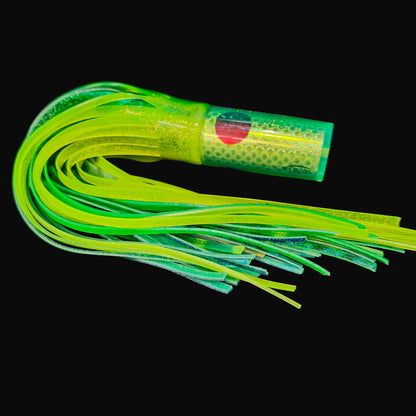 Tantrum Medium AMN game lure with Fluro Yellow head and Blue Ocean skirts in Fluro Green over Aqua Blue.